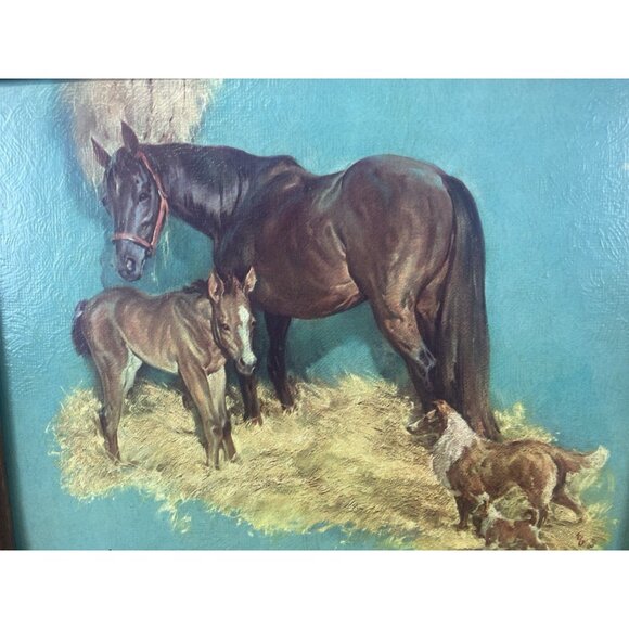 Vtg E Brown Signed Lithograph Horse Foal & Collie Dogs Wood Carved Frame # 361 - Picture 3 of 9
